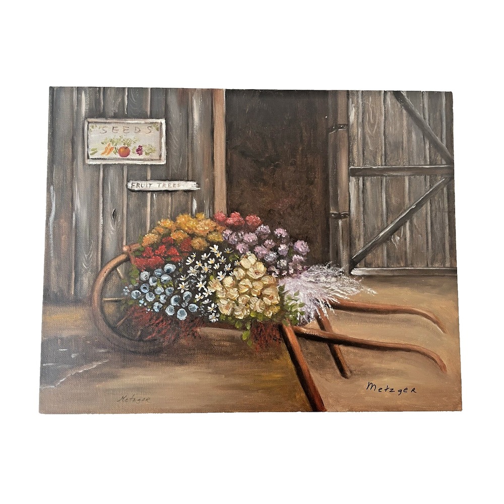 Vtg Oil Painting on Artist Board Seed Shed Flower Wheel Barrow 11 x 14" Signed